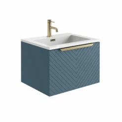 Harbour Symmetry 600mm Wall Hung Vanity Unit With Brushed Brass Handle - Grey Basin & Matt Pastel Pink Unit