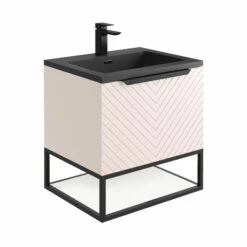 Harbour Symmetry 600mm Wall Hung Vanity Unit With Matt Black Frame Shelf And Handle - White Basin & Matt Pastel Pink Unit -TAP WAREHOUSE Shop harbour symmetry 600mm pink unit grey basin black frame cutout