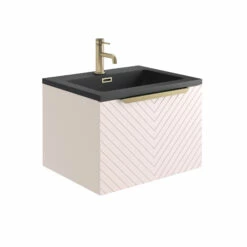 Harbour Symmetry 600mm Wall Hung Vanity Unit With Brushed Brass Handle - Grey Basin & Matt Pastel Pink Unit -TAP WAREHOUSE Shop harbour symmetry 600mm pink unit grey basin brushed brass handle cutout