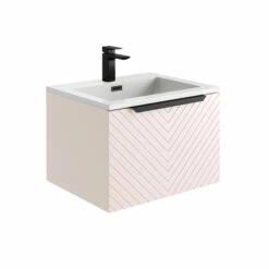 Harbour Symmetry 600mm Wall Hung Vanity Unit With Matt Black Handle - Grey Basin & Matt Pastel Pink Unit