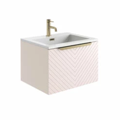 Harbour Symmetry 600mm Wall Hung Vanity Unit With Brushed Brass Handle - Grey Basin & Matt Pastel Pink Unit -TAP WAREHOUSE Shop harbour symmetry 600mm pink unit white basin brushed brass handle cutout