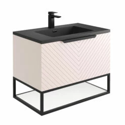Harbour Symmetry 800mm Wall Hung Vanity Unit With Matt Black Frame Shelf And Handle - White Basin & Matt Pastel Pink Unit -TAP WAREHOUSE Shop harbour symmetry 800mm pink unit grey basin black frame cutout