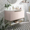 Harbour Symmetry 800mm Wall Hung Vanity Unit With Brushed Brass Frame Shelf And Handle - Grey Basin & Matt Pastel Pink Unit