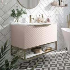 Harbour Symmetry 800mm Wall Hung Vanity Unit With Brushed Brass Frame Shelf And Handle - Grey Basin & Matt Pastel Pink Unit