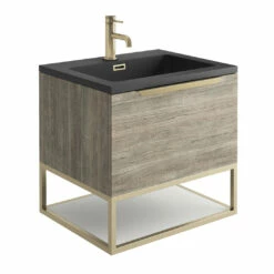 Harbour Virtue 600mm Wall Hung Vanity Unit With LED Illumination, Brushed Brass Frame Shelf & White Basin - Rustic Oak & Brushed Brass Handle -TAP WAREHOUSE Shop harbour virtue 600 grey oak unit grey basin brushed brass frame cutout