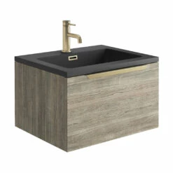 Harbour Virtue 600mm Wall Hung Vanity Unit With LED Illumination & Grey Basin - Grey Oak & Brushed Brass Handle 16 Harbour Virtue 600mm Wall Hung Vanity Unit With LED Illumination & Grey Basin - Grey Oak & Brushed Brass Handle -TAP WAREHOUSE Shop harbour virtue 600 grey oak unit grey basin brushed brass handle cutout