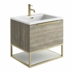 Harbour Virtue 600mm Wall Hung Vanity Unit With LED Illumination, Brushed Brass Frame Shelf & White Basin - Rustic Oak & Brushed Brass Handle -TAP WAREHOUSE Shop harbour virtue 600 grey oak unit white basin brushed brass frame cutout