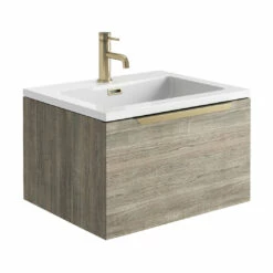 Harbour Virtue 600mm Wall Hung Vanity Unit With LED Illumination & Grey Basin - Grey Oak & Brushed Brass Handle 17 Harbour Virtue 600mm Wall Hung Vanity Unit With LED Illumination & Grey Basin - Grey Oak & Brushed Brass Handle -TAP WAREHOUSE Shop harbour virtue 600 grey oak unit white basin brushed brass handle cutout