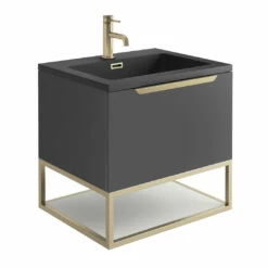 Harbour Virtue 600mm Wall Hung Vanity Unit With LED Illumination, Brushed Brass Frame Shelf & White Basin - Rustic Oak & Brushed Brass Handle -TAP WAREHOUSE Shop harbour virtue 600 matt grey unit grey basin brushed brass frame cutout