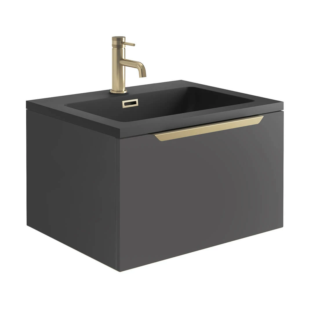 Harbour Virtue 600mm Wall Hung Vanity Unit With LED Illumination & Grey Basin - Grey Oak & Brushed Brass Handle 8 Harbour Virtue 600mm Wall Hung Vanity Unit With LED Illumination & Grey Basin - Grey Oak & Brushed Brass Handle - Image 6
