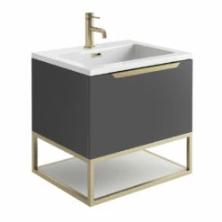 Harbour Virtue 600mm Wall Hung Vanity Unit With LED Illumination, Brushed Brass Frame Shelf & White Basin - Rustic Oak & Brushed Brass Handle -TAP WAREHOUSE Shop harbour virtue 600 matt grey unit white basin brushed brass frame cutout