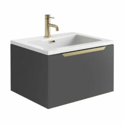 Harbour Virtue 600mm Wall Hung Vanity Unit With LED Illumination & Grey Basin - Grey Oak & Brushed Brass Handle 19 Harbour Virtue 600mm Wall Hung Vanity Unit With LED Illumination & Grey Basin - Grey Oak & Brushed Brass Handle -TAP WAREHOUSE Shop harbour virtue 600 matt grey unit white basin brushed brass handle cutout
