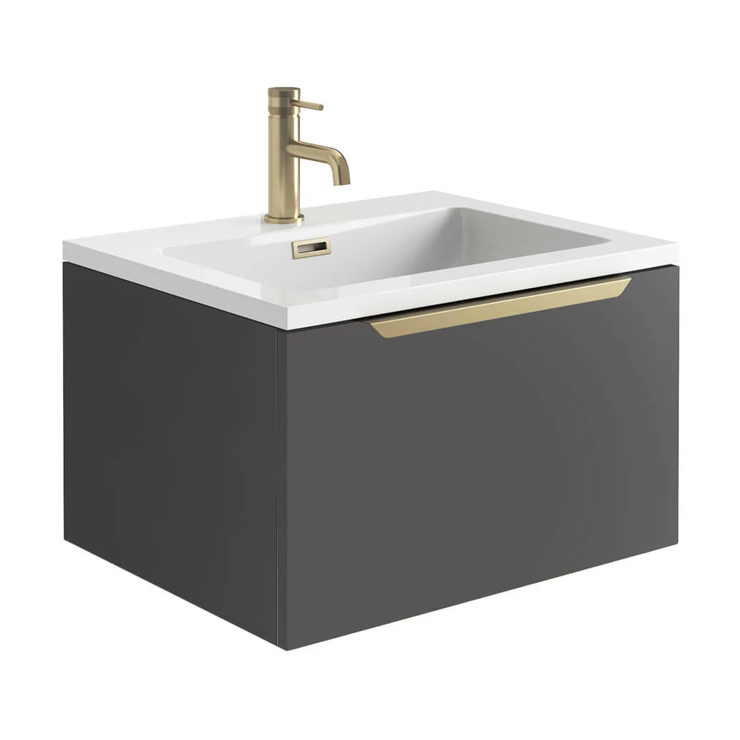 Harbour Virtue 600mm Wall Hung Vanity Unit With LED Illumination & Grey Basin - Grey Oak & Brushed Brass Handle 9 Harbour Virtue 600mm Wall Hung Vanity Unit With LED Illumination & Grey Basin - Grey Oak & Brushed Brass Handle - Image 7