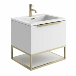 Harbour Virtue 600mm Wall Hung Vanity Unit With LED Illumination, Brushed Brass Frame Shelf & White Basin - Rustic Oak & Brushed Brass Handle -TAP WAREHOUSE Shop harbour virtue 600 matt white unit white basin brushed brass frame cutout