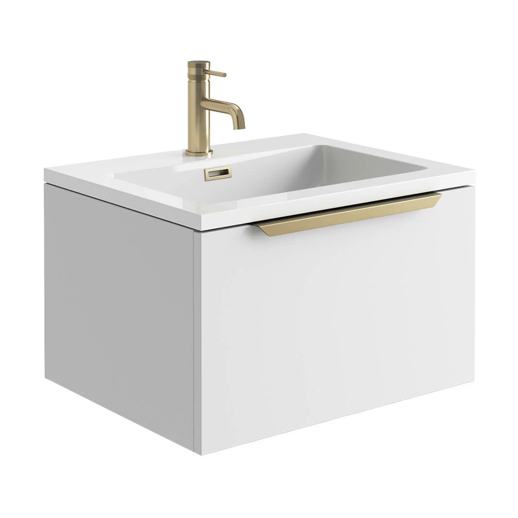 Harbour Virtue 600mm Wall Hung Vanity Unit With LED Illumination & Grey Basin - Grey Oak & Brushed Brass Handle 3 Harbour Virtue 600mm Wall Hung Vanity Unit With LED Illumination & Grey Basin - Grey Oak & Brushed Brass Handle