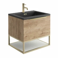 Harbour Virtue 600mm Wall Hung Vanity Unit With LED Illumination, Brushed Brass Frame Shelf & White Basin - Rustic Oak & Brushed Brass Handle -TAP WAREHOUSE Shop harbour virtue 600 rustic oak unit grey basin brushed brass frame cutout