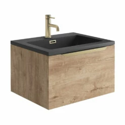 Harbour Virtue 600mm Wall Hung Vanity Unit With LED Illumination & Grey Basin - Grey Oak & Brushed Brass Handle 15 Harbour Virtue 600mm Wall Hung Vanity Unit With LED Illumination & Grey Basin - Grey Oak & Brushed Brass Handle -TAP WAREHOUSE Shop harbour virtue 600 rustic oak unit grey basin brushed brass handle cutout