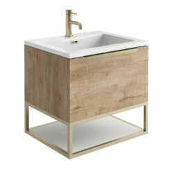 Harbour Virtue 600mm Wall Hung Vanity Unit With LED Illumination, Brushed Brass Frame Shelf & White Basin - Rustic Oak & Brushed Brass Handle -TAP WAREHOUSE Shop harbour virtue 600 rustic oak unit white basin brushed brass frame cutout