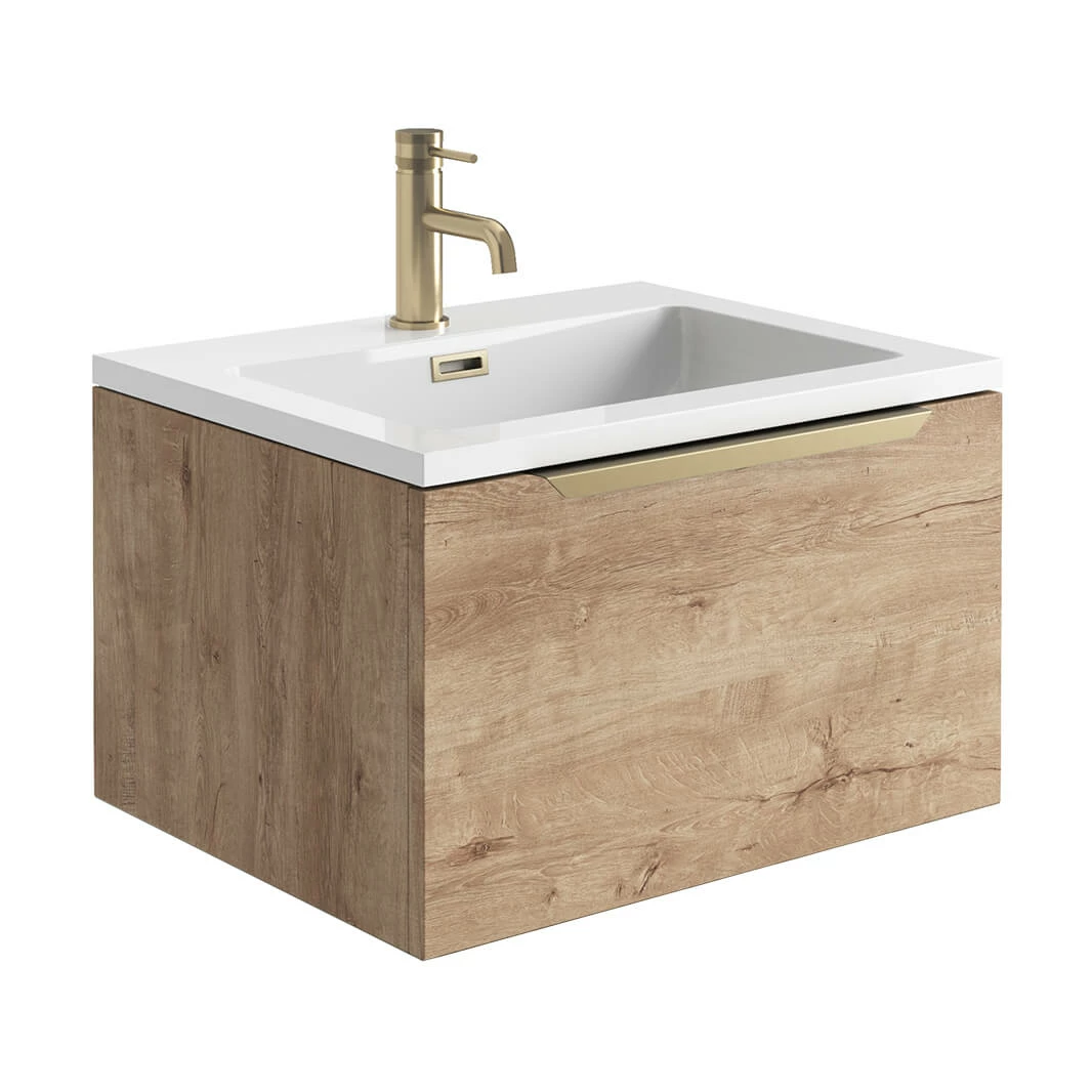 Harbour Virtue 600mm Wall Hung Vanity Unit With LED Illumination & Grey Basin - Grey Oak & Brushed Brass Handle 4 Harbour Virtue 600mm Wall Hung Vanity Unit With LED Illumination & Grey Basin - Grey Oak & Brushed Brass Handle - Image 2