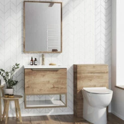 Harbour Virtue 600mm Wall Hung Vanity Unit With LED Illumination, Brushed Brass Frame Shelf & White Basin - Rustic Oak & Brushed Brass Handle -TAP WAREHOUSE Shop harbour virtue 600 vanity unit rustic oak brushed brass frame room set
