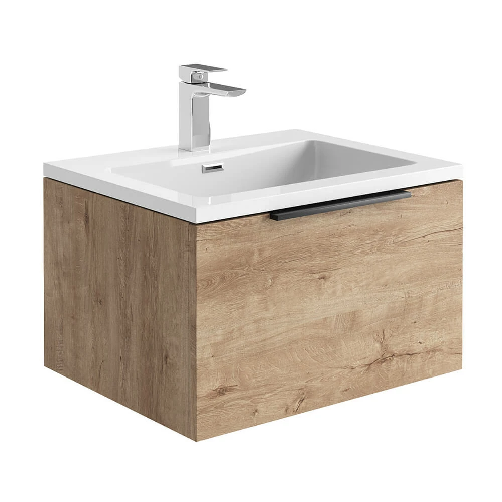 Harbour Virtue 600mm Wall Hung Vanity Unit With LED Illumination & White Basin - Rustic Oak & Matt Black Handle 8 Harbour Virtue 600mm Wall Hung Vanity Unit With LED Illumination & White Basin - Rustic Oak & Matt Black Handle - Image 6