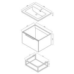 Harbour Virtue 600mm Wall Hung Vanity Unit With LED Illumination, Brushed Brass Frame Shelf & White Basin - Rustic Oak & Brushed Brass Handle -TAP WAREHOUSE Shop harbour virtue 600mm wall hung vanity unit black framed shelf technical drawing 1