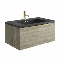 Harbour Virtue 800mm Wall Hung Vanity Unit With LED Illumination & Grey Basin - Rustic Oak & Brushed Brass Handle -TAP WAREHOUSE Shop harbour virtue 800 grey oak unit grey basin brushed brass handle cutout