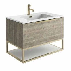 Harbour Virtue 800mm Wall Hung Vanity Unit With LED Illumination, Brushed Brass Frame Shelf & White Basin - Matt Grey & Brushed Brass Handle 17 Harbour Virtue 800mm Wall Hung Vanity Unit With LED Illumination, Brushed Brass Frame Shelf & White Basin - Matt Grey & Brushed Brass Handle -TAP WAREHOUSE Shop harbour virtue 800 grey oak unit white basin brushed brass frame cutout