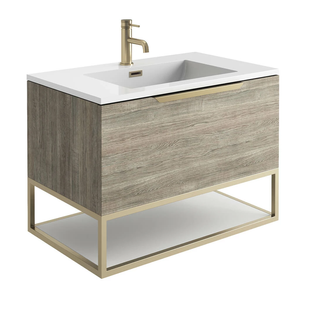 Harbour Virtue 800mm Wall Hung Vanity Unit With LED Illumination, Brushed Brass Frame Shelf & White Basin - Matt Grey & Brushed Brass Handle 7 Harbour Virtue 800mm Wall Hung Vanity Unit With LED Illumination, Brushed Brass Frame Shelf & White Basin - Matt Grey & Brushed Brass Handle - Image 5