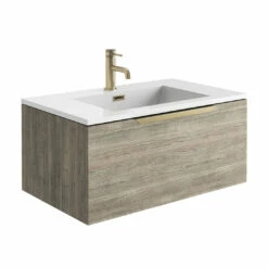 Harbour Virtue 800mm Wall Hung Vanity Unit With LED Illumination & Grey Basin - Rustic Oak & Brushed Brass Handle -TAP WAREHOUSE Shop harbour virtue 800 grey oak unit white basin brushed brass handle cutout