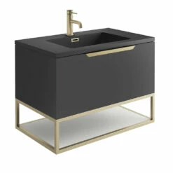 Harbour Virtue 800mm Wall Hung Vanity Unit With LED Illumination, Brushed Brass Frame Shelf & White Basin - Matt Grey & Brushed Brass Handle 18 Harbour Virtue 800mm Wall Hung Vanity Unit With LED Illumination, Brushed Brass Frame Shelf & White Basin - Matt Grey & Brushed Brass Handle -TAP WAREHOUSE Shop harbour virtue 800 matt grey unit grey basin brushed brass frame cutout