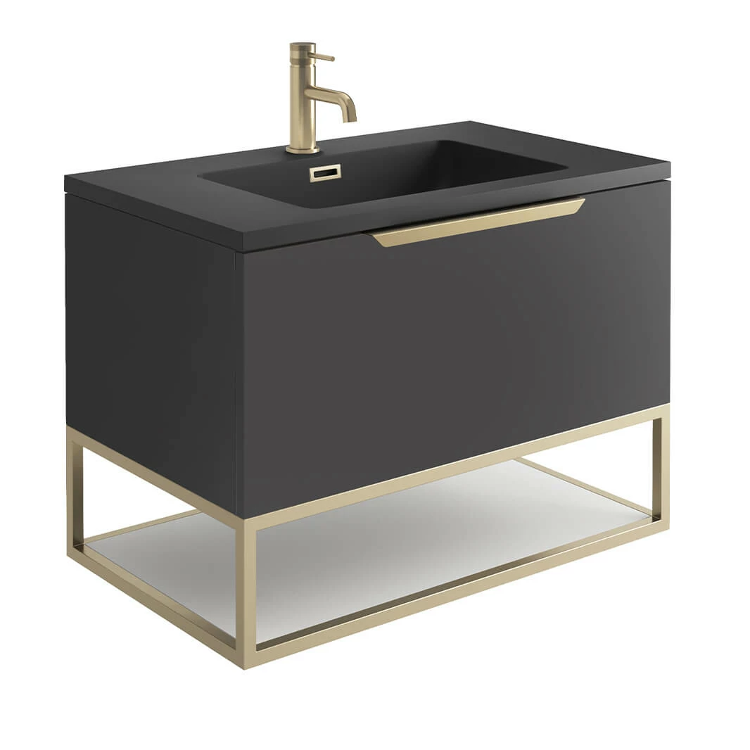 Harbour Virtue 800mm Wall Hung Vanity Unit With LED Illumination, Brushed Brass Frame Shelf & White Basin - Matt Grey & Brushed Brass Handle 8 Harbour Virtue 800mm Wall Hung Vanity Unit With LED Illumination, Brushed Brass Frame Shelf & White Basin - Matt Grey & Brushed Brass Handle - Image 6
