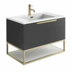Harbour Virtue 800mm Wall Hung Vanity Unit With LED Illumination, Brushed Brass Frame Shelf & White Basin - Matt Grey & Brushed Brass Handle