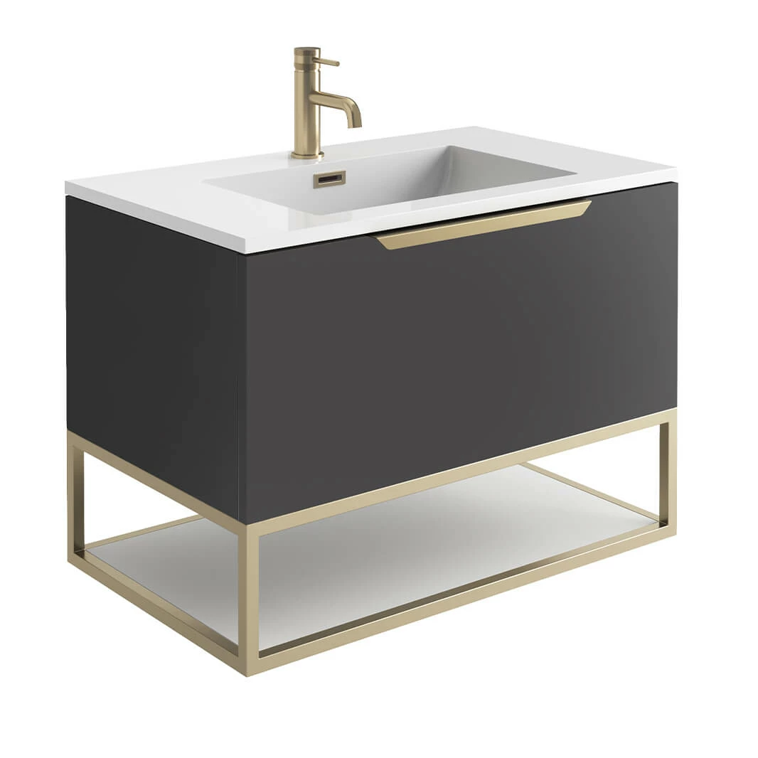 Harbour Virtue 800mm Wall Hung Vanity Unit With LED Illumination, Brushed Brass Frame Shelf & White Basin - Matt Grey & Brushed Brass Handle 3 Harbour Virtue 800mm Wall Hung Vanity Unit With LED Illumination, Brushed Brass Frame Shelf & White Basin - Matt Grey & Brushed Brass Handle