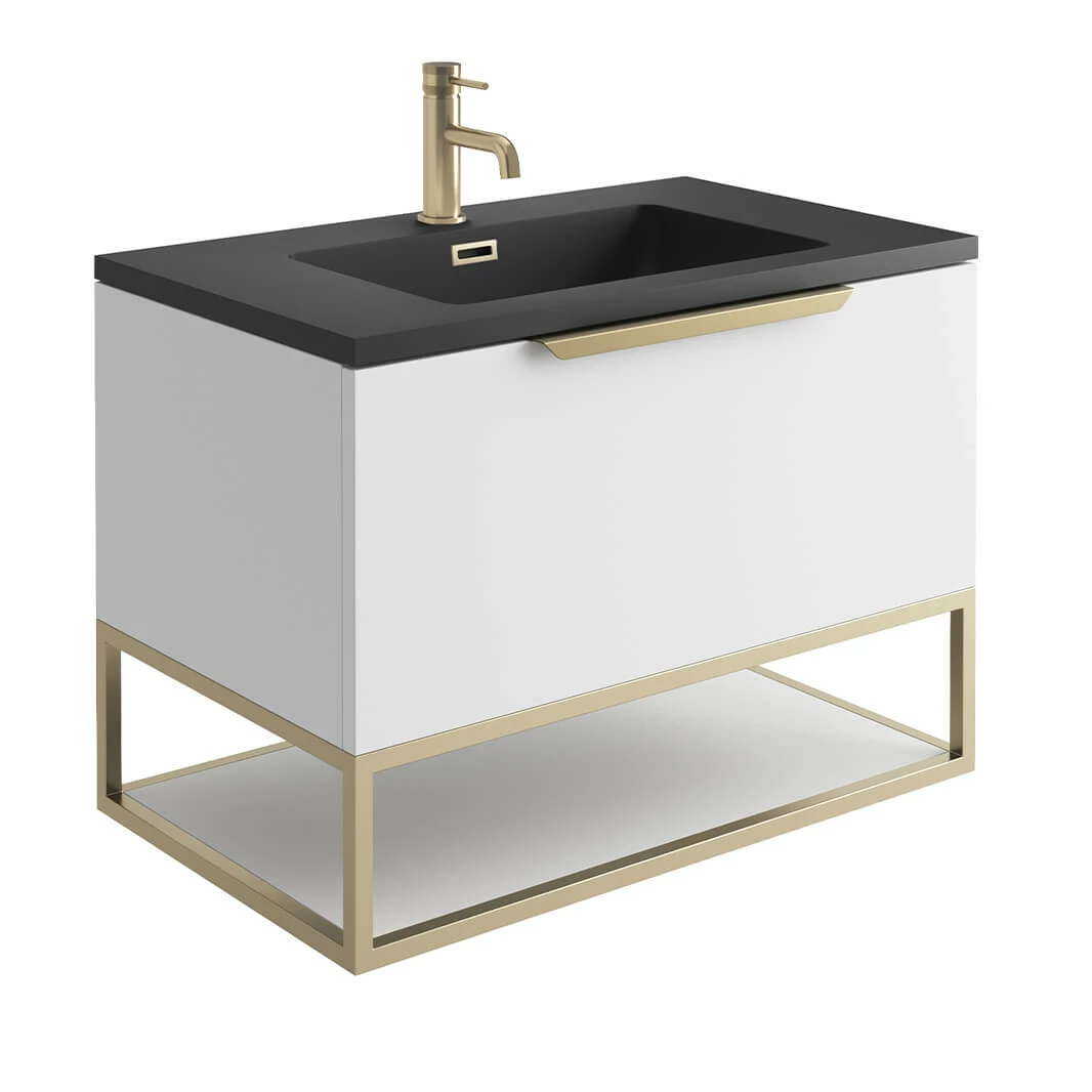 Harbour Virtue 800mm Wall Hung Vanity Unit With LED Illumination, Brushed Brass Frame Shelf & White Basin - Matt Grey & Brushed Brass Handle 9 Harbour Virtue 800mm Wall Hung Vanity Unit With LED Illumination, Brushed Brass Frame Shelf & White Basin - Matt Grey & Brushed Brass Handle - Image 7