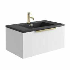 Harbour Virtue 800mm Wall Hung Vanity Unit With LED Illumination & Grey Basin - Rustic Oak & Brushed Brass Handle