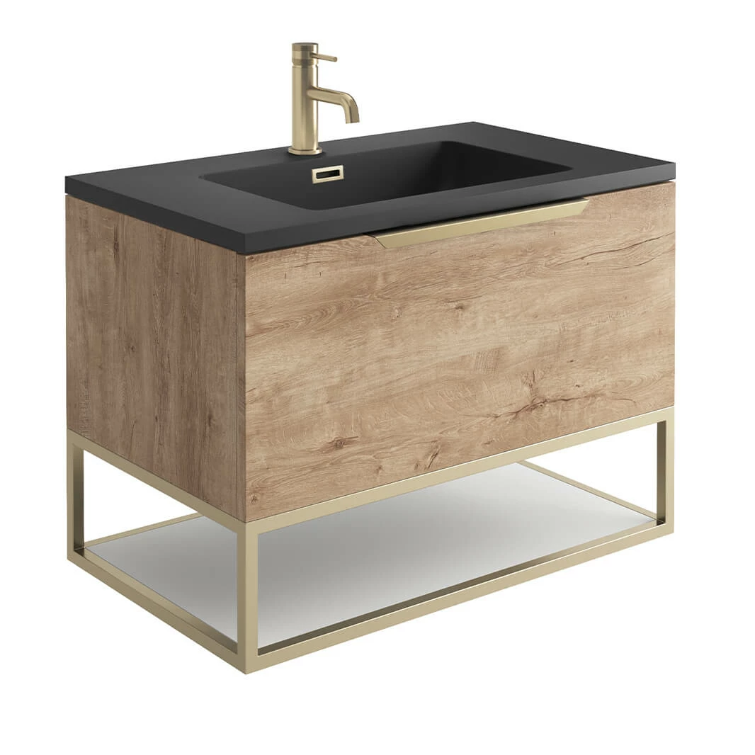 Harbour Virtue 800mm Wall Hung Vanity Unit With LED Illumination, Brushed Brass Frame Shelf & White Basin - Matt Grey & Brushed Brass Handle 4 Harbour Virtue 800mm Wall Hung Vanity Unit With LED Illumination, Brushed Brass Frame Shelf & White Basin - Matt Grey & Brushed Brass Handle - Image 2