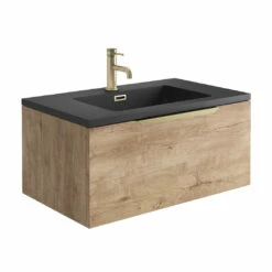 Harbour Virtue 800mm Wall Hung Vanity Unit With LED Illumination & Grey Basin - Rustic Oak & Brushed Brass Handle -TAP WAREHOUSE Shop harbour virtue 800 rustic oak unit grey basin brushed brass handle cutout