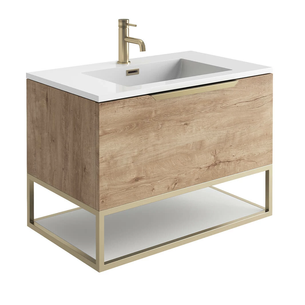 Harbour Virtue 800mm Wall Hung Vanity Unit With LED Illumination, Brushed Brass Frame Shelf & White Basin - Matt Grey & Brushed Brass Handle 5 Harbour Virtue 800mm Wall Hung Vanity Unit With LED Illumination, Brushed Brass Frame Shelf & White Basin - Matt Grey & Brushed Brass Handle - Image 3