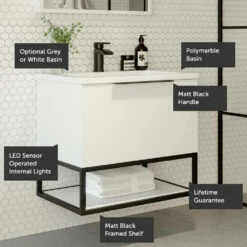 Harbour Virtue 800mm Wall Hung Vanity Unit With LED Illumination, Black Framed Shelf & White Basin - Matt Grey & Matt Black Handle 30 Harbour Virtue 800mm Wall Hung Vanity Unit With LED Illumination, Black Framed Shelf & White Basin - Matt Grey & Matt Black Handle -TAP WAREHOUSE Shop harbour virtue 800 vanity unit matt black frame features