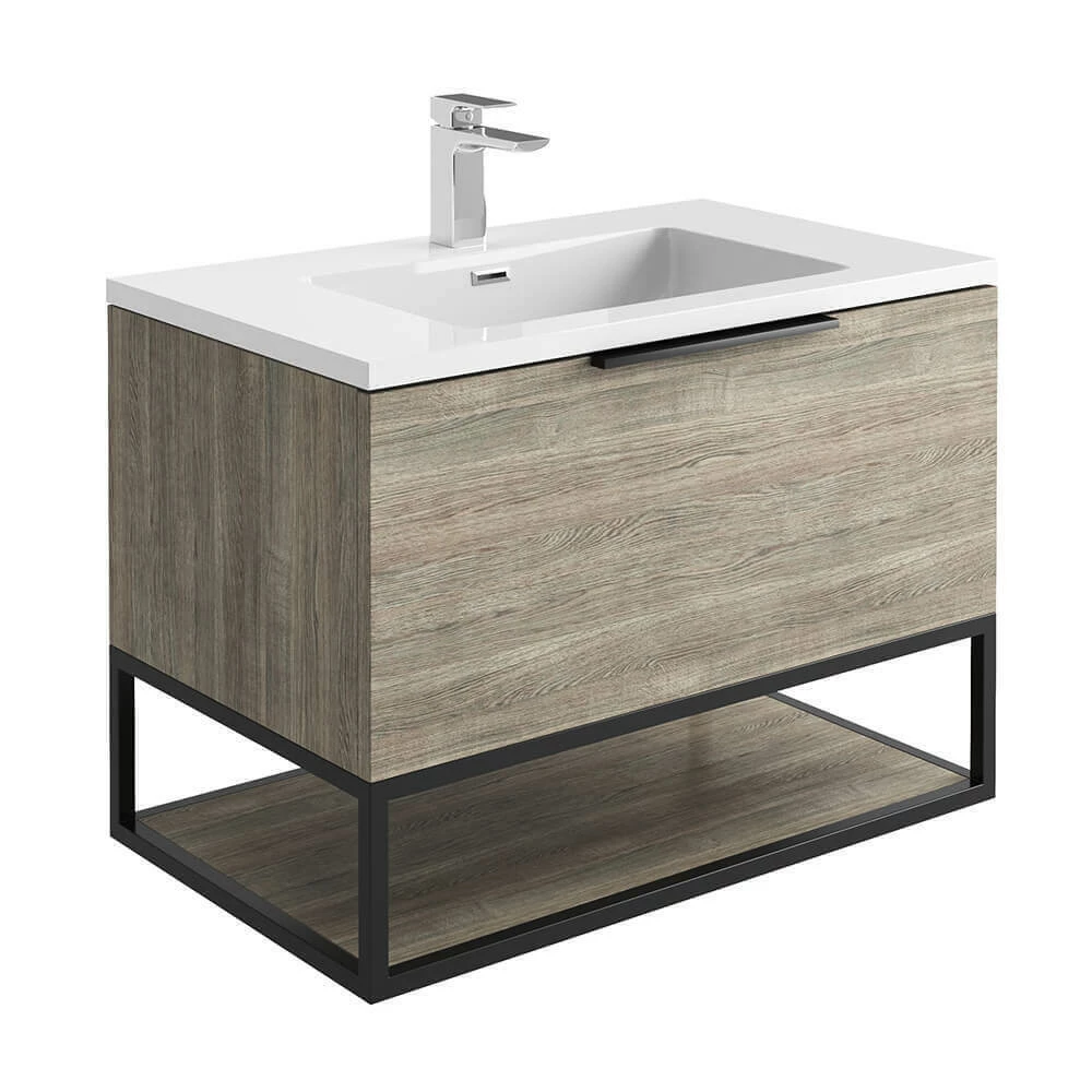 Harbour Virtue 800mm Wall Hung Vanity Unit With LED Illumination, Black Framed Shelf & White Basin - Matt Grey & Matt Black Handle 7 Harbour Virtue 800mm Wall Hung Vanity Unit With LED Illumination, Black Framed Shelf & White Basin - Matt Grey & Matt Black Handle - Image 5