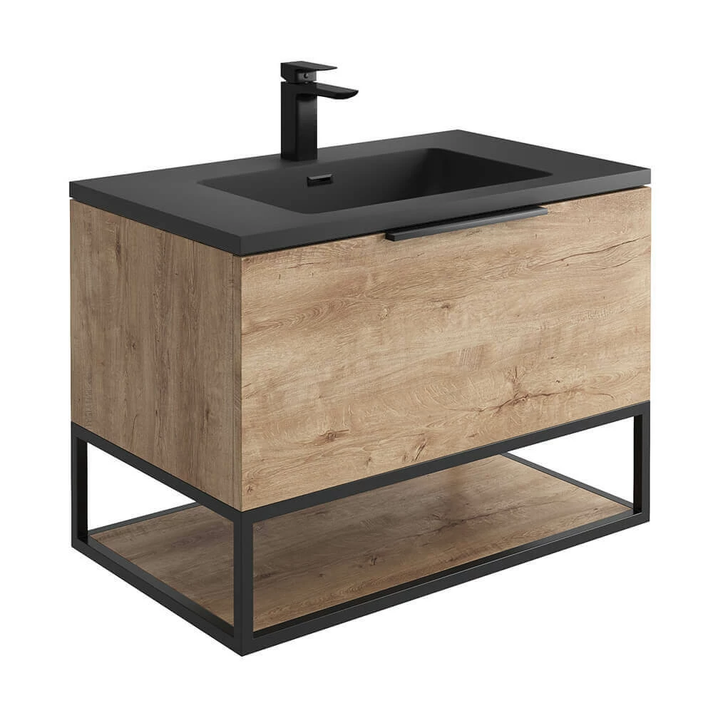 Harbour Virtue 800mm Wall Hung Vanity Unit With LED Illumination, Black Framed Shelf & White Basin - Matt Grey & Matt Black Handle 4 Harbour Virtue 800mm Wall Hung Vanity Unit With LED Illumination, Black Framed Shelf & White Basin - Matt Grey & Matt Black Handle - Image 2