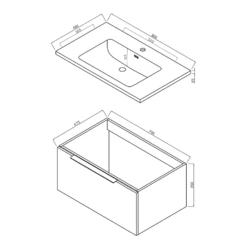 Harbour Virtue 800mm Wall Hung Vanity Unit With LED Illumination & Grey Basin - Rustic Oak & Brushed Brass Handle -TAP WAREHOUSE Shop harbour virtue 800mm wall hung vanity unit technical drawing v2
