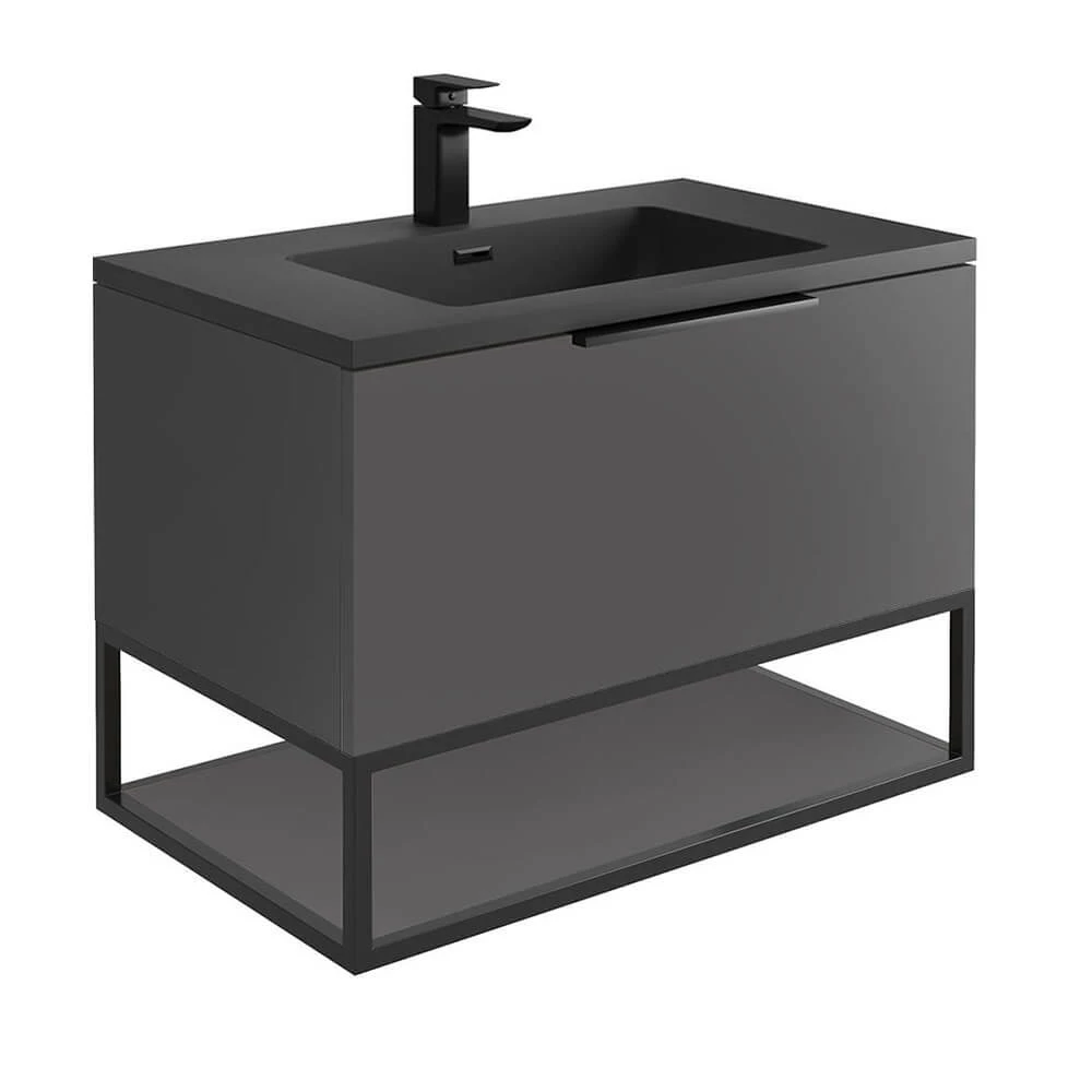 Harbour Virtue 800mm Wall Hung Vanity Unit With LED Illumination, Black Framed Shelf & White Basin - Matt Grey & Matt Black Handle 8 Harbour Virtue 800mm Wall Hung Vanity Unit With LED Illumination, Black Framed Shelf & White Basin - Matt Grey & Matt Black Handle - Image 6