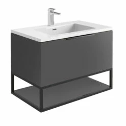 Harbour Virtue 800mm Wall Hung Vanity Unit With LED Illumination, Black Framed Shelf & White Basin - Matt Grey & Matt Black Handle 23 Harbour Virtue 800mm Wall Hung Vanity Unit With LED Illumination, Black Framed Shelf & White Basin - Matt Grey & Matt Black Handle -TAP WAREHOUSE Shop harbour virtue grey vanity white basin 800 grey frame cutout
