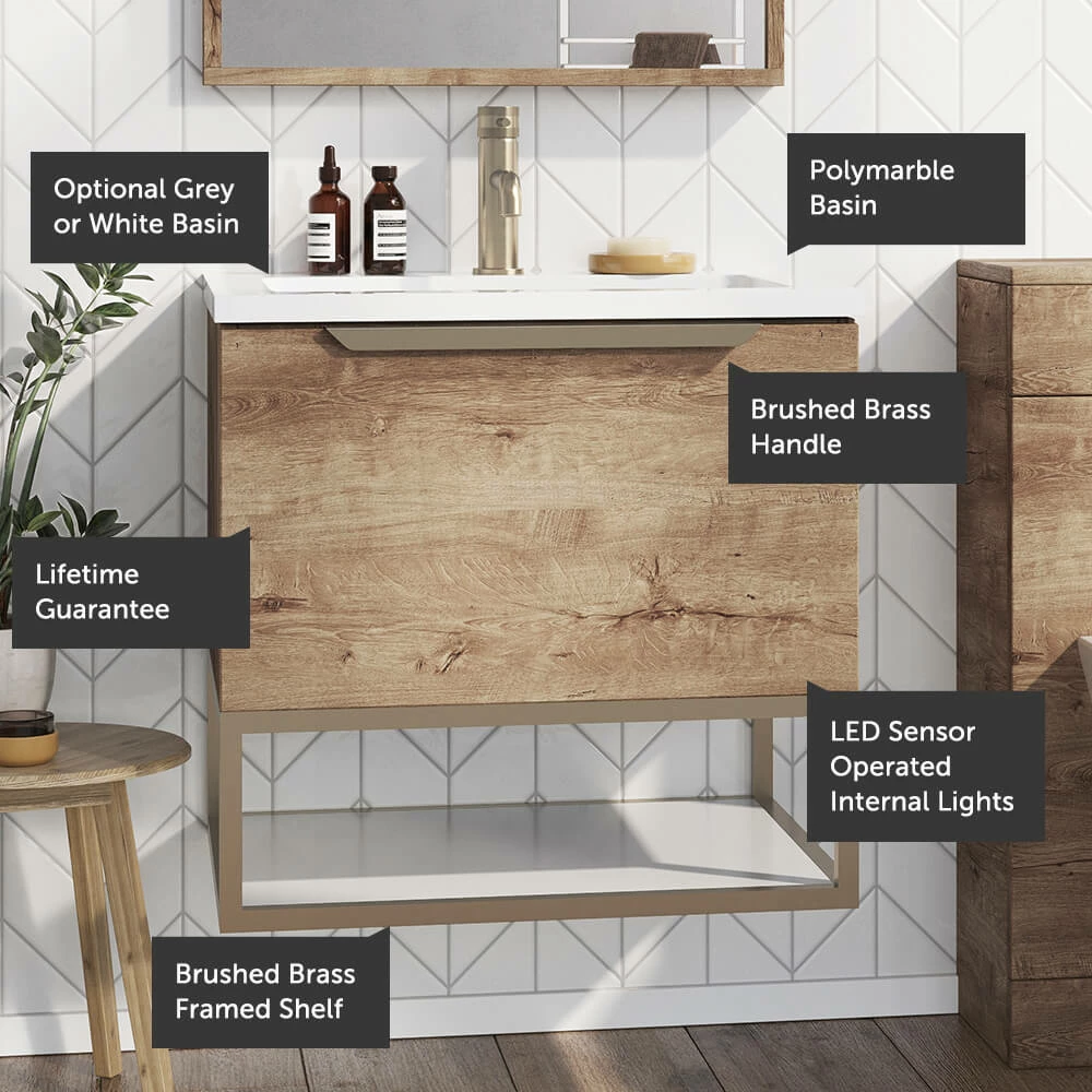 Harbour Virtue 800mm Wall Hung Vanity Unit With LED Illumination, Brushed Brass Frame Shelf & White Basin - Matt Grey & Brushed Brass Handle 11 Harbour Virtue 800mm Wall Hung Vanity Unit With LED Illumination, Brushed Brass Frame Shelf & White Basin - Matt Grey & Brushed Brass Handle - Image 9