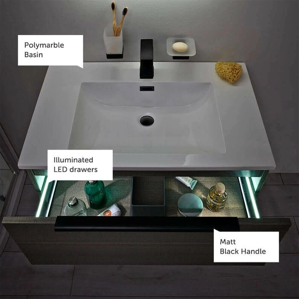 Harbour Virtue 800mm Wall Hung Vanity Unit With LED Illumination, Black Framed Shelf & White Basin - Matt Grey & Matt Black Handle 12 Harbour Virtue 800mm Wall Hung Vanity Unit With LED Illumination, Black Framed Shelf & White Basin - Matt Grey & Matt Black Handle - Image 10