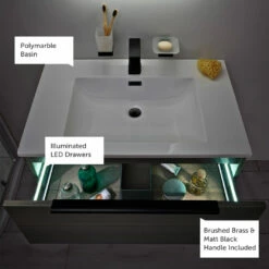 Harbour Virtue 600mm Wall Hung Vanity Unit With LED Illumination & Grey Basin - Grey Oak & Brushed Brass Handle 22 Harbour Virtue 600mm Wall Hung Vanity Unit With LED Illumination & Grey Basin - Grey Oak & Brushed Brass Handle -TAP WAREHOUSE Shop harbour virtue vanity unit lifestyle overlays 1