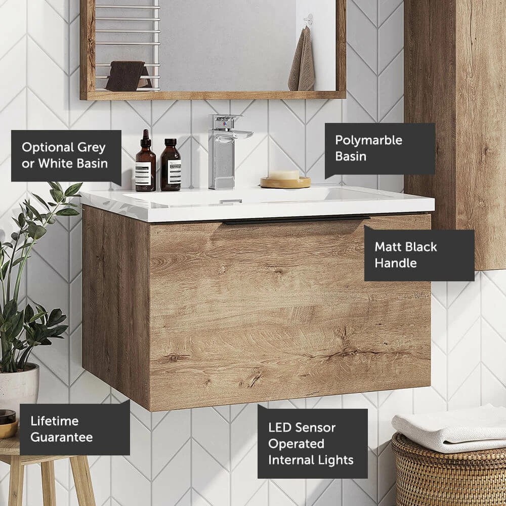 Harbour Virtue 600mm Wall Hung Vanity Unit With LED Illumination & White Basin - Rustic Oak & Matt Black Handle 4 Harbour Virtue 600mm Wall Hung Vanity Unit With LED Illumination & White Basin - Rustic Oak & Matt Black Handle - Image 2