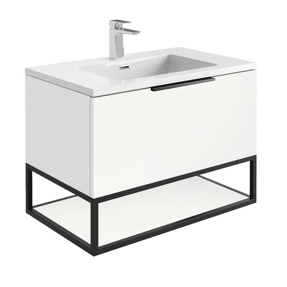 Harbour Virtue 800mm Wall Hung Vanity Unit With LED Illumination, Black Framed Shelf & White Basin - Matt Grey & Matt Black Handle 11 Harbour Virtue 800mm Wall Hung Vanity Unit With LED Illumination, Black Framed Shelf & White Basin - Matt Grey & Matt Black Handle - Image 9